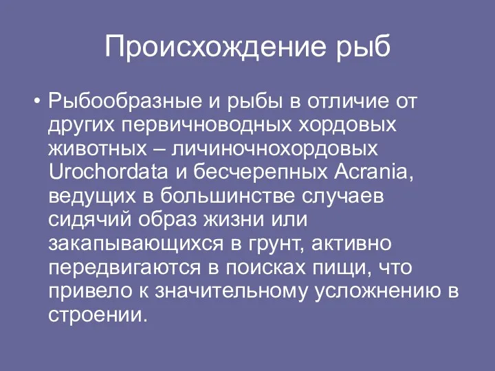 Происхождение рыб Рыбообразные и рыбы в отличие от других первичноводных