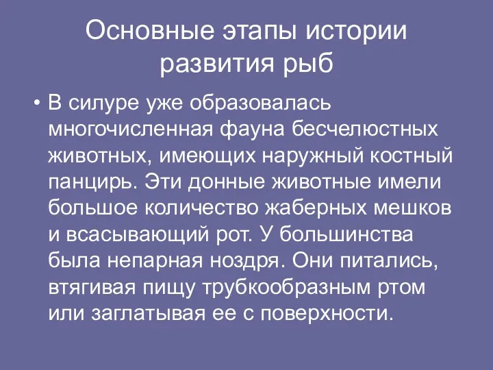 Основные этапы истории развития рыб В силуре уже образовалась многочисленная