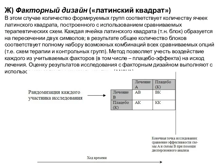 Ж) Факторный дизайн («латинский квадрат») В этом случае количество формируемых