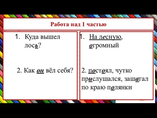 Работа над 1 частью Куда вышел лось? 2. Как он