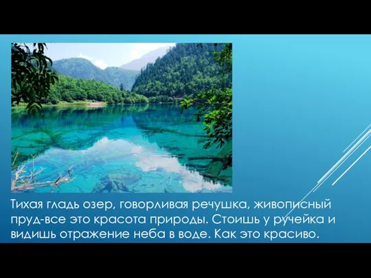 Тихая гладь озер, говорливая речушка, живописный пруд-все это красота природы.