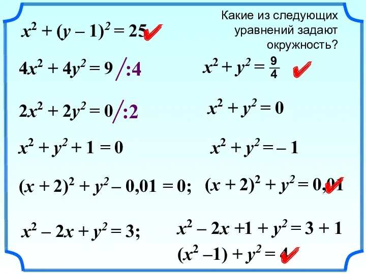 Какие из следующих уравнений задают окружность? x2 + (y –