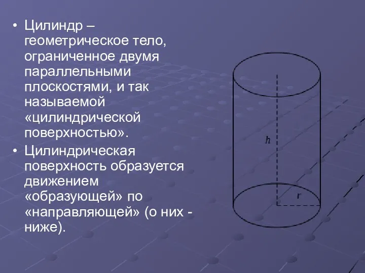 Цилиндр – геометрическое тело, ограниченное двумя параллельными плоскостями, и так