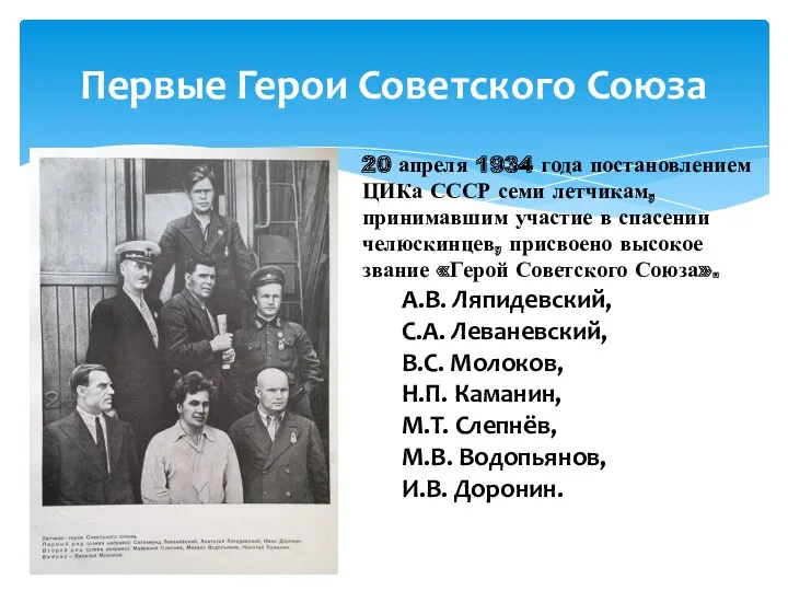 Первые Герои Советского Союза 20 апреля 1934 года постановлением ЦИКа