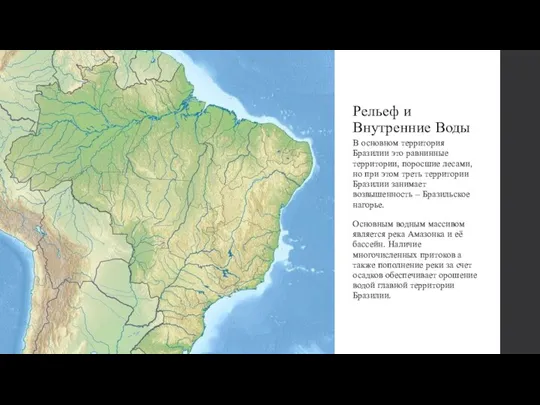 Рельеф и Внутренние Воды В основном территория Бразилии это равнинные территории, поросшие лесами,
