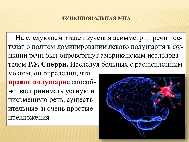 ФУНКЦИОНАЛЬНАЯ МПА На следующем этапе изучения асимметрии речи пос-тулат о