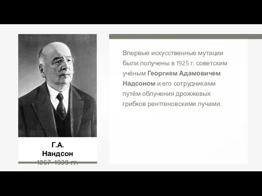 Г.А. Нандсон 1867–1939 гг. Впервые искусственные мутации были получены в 1925 г. советским
