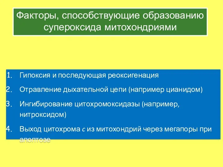 Факторы, способствующие образованию супероксида митохондриями Гипоксия и последующая реоксигенация Отравление