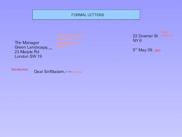 Introduction Dear Sir/Madam, comma The Manager Green Landscape 23 Marple
