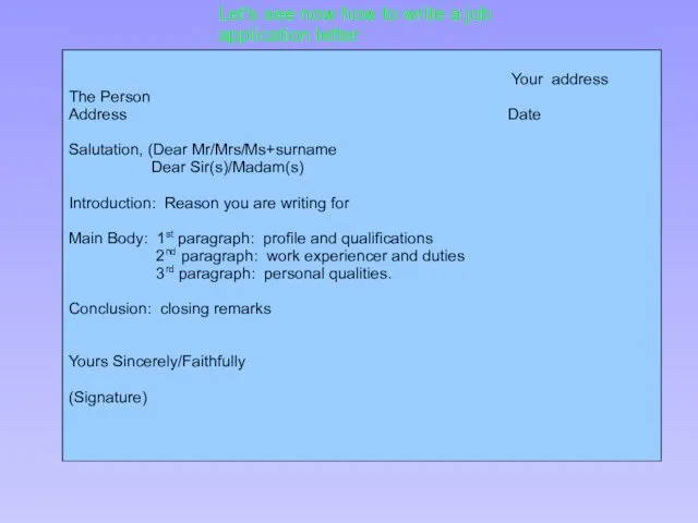 Your address The Person Address Date Salutation, (Dear Mr/Mrs/Ms+surname Dear