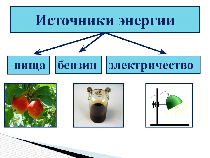 пища Источники энергии бензин электричество