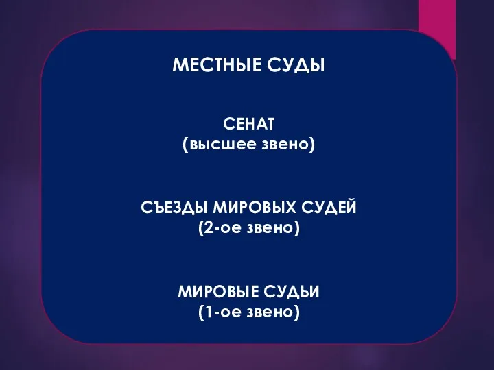 МЕСТНЫЕ СУДЫ СЕНАТ (высшее звено) СЪЕЗДЫ МИРОВЫХ СУДЕЙ (2-ое звено) МИРОВЫЕ СУДЬИ (1-ое звено)