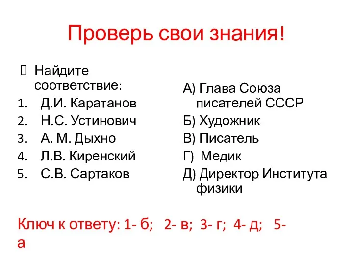 Проверь свои знания! Найдите соответствие: Д.И. Каратанов Н.С. Устинович А.