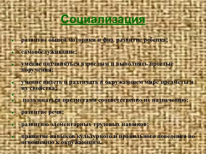 развитие общей моторики и физ. развитие ребенка; самообслуживание; умение подчиняться