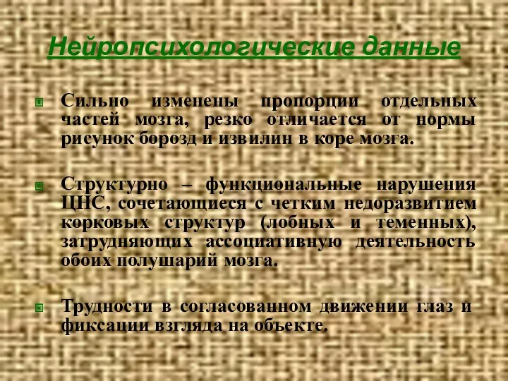 Нейропсихологические данные Сильно изменены пропорции отдельных частей мозга, резко отличается