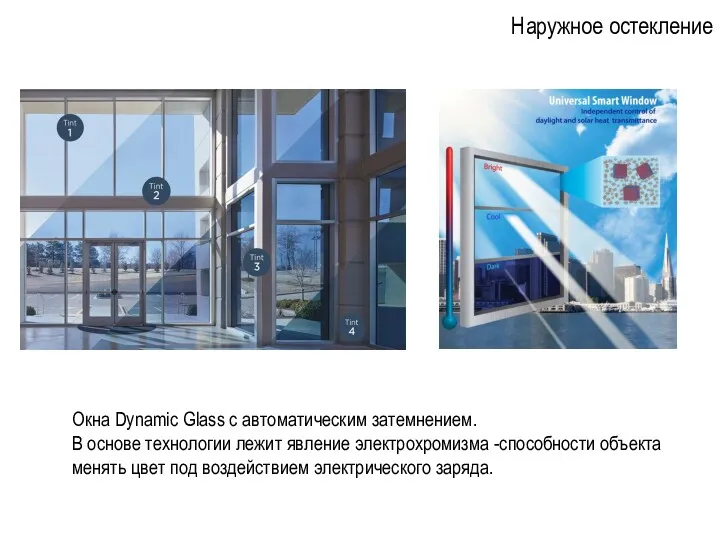 Наружное остекление Окна Dynamic Glass с автоматическим затемнением. В основе