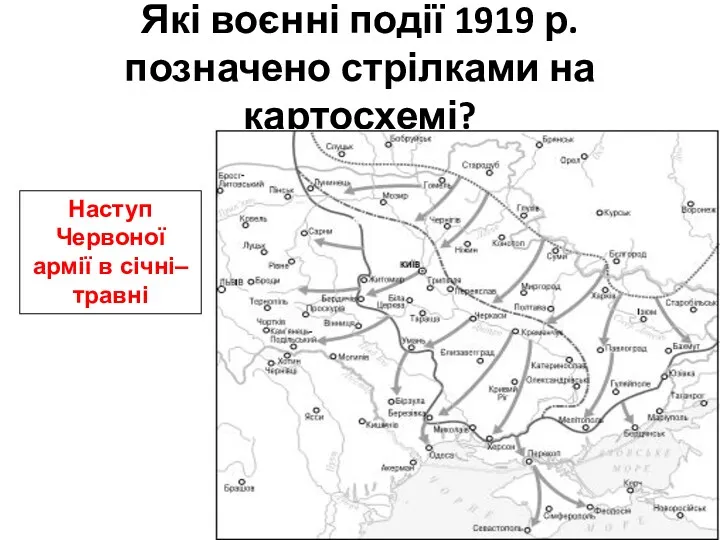 Які воєнні події 1919 р. позначено стрілками на картосхемі? Наступ Червоної армії в січні–травні