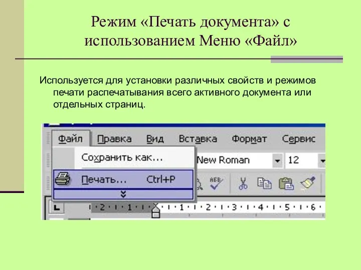 Режим «Печать документа» с использованием Меню «Файл» Используется для установки