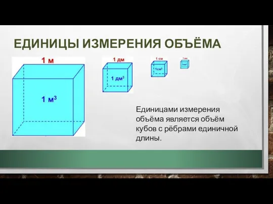 ЕДИНИЦЫ ИЗМЕРЕНИЯ ОБЪЁМА Единицами измерения объёма является объём кубов с рёбрами единичной длины.