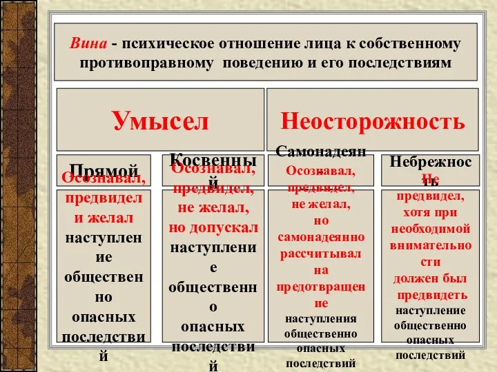 Вина - психическое отношение лица к собственному противоправному поведению и