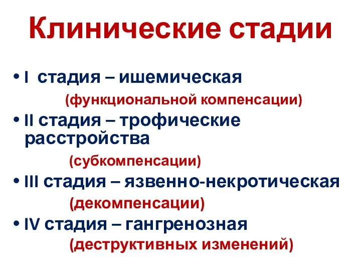 Клинические стадии I стадия – ишемическая (функциональной компенсации) II стадия