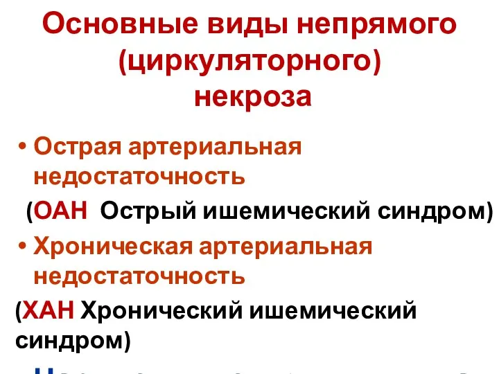 Основные виды непрямого (циркуляторного) некроза Острая артериальная недостаточность (ОАН Острый