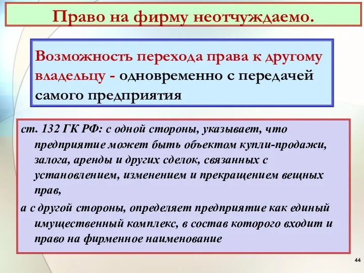 Право на фирму неотчуждаемо. Возможность перехода права к другому владельцу