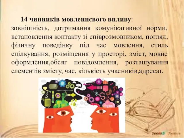 14 чинників мовленнєвого впливу: зовнішність, дотримання комунікативної норми,встановлення контакту зі