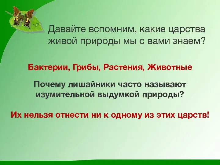 Бактерии, Грибы, Растения, Животные Почему лишайники часто называют изумительной выдумкой природы? Их нельзя