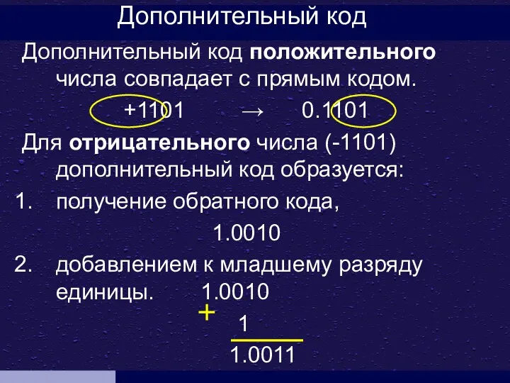 Дополнительный код Дополнительный код положительного числа совпадает с прямым кодом.