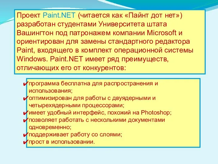 Проект Paint.NET (читается как «Пайнт дот нет») разработан студентами Университета штата Вашингтон под