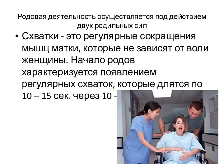 Родовая деятельность осуществляется под действием двух родильных сил Схватки -