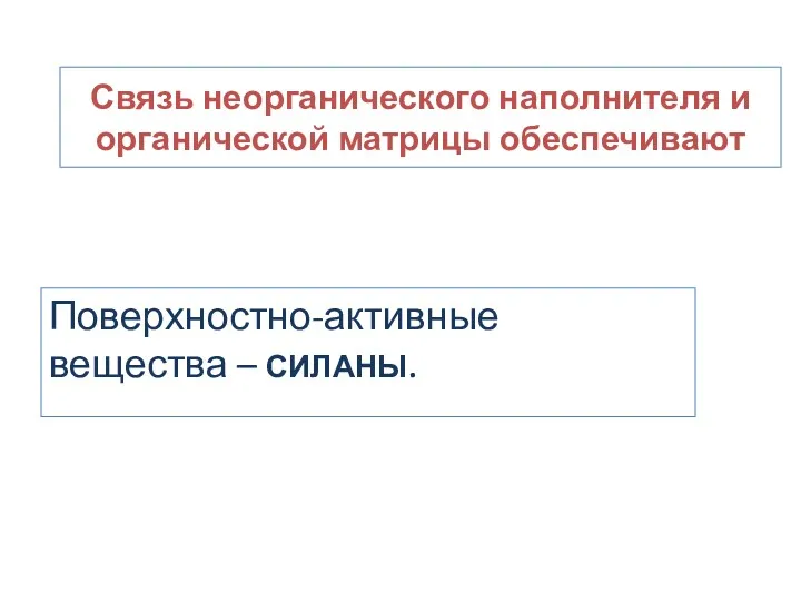 Связь неорганического наполнителя и органической матрицы обеспечивают Поверхностно-активные вещества – СИЛАНЫ.