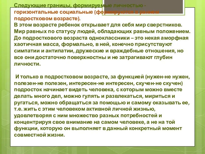 Следующие границы, формируемые личностью - горизонтальные социальные (формируются в раннем