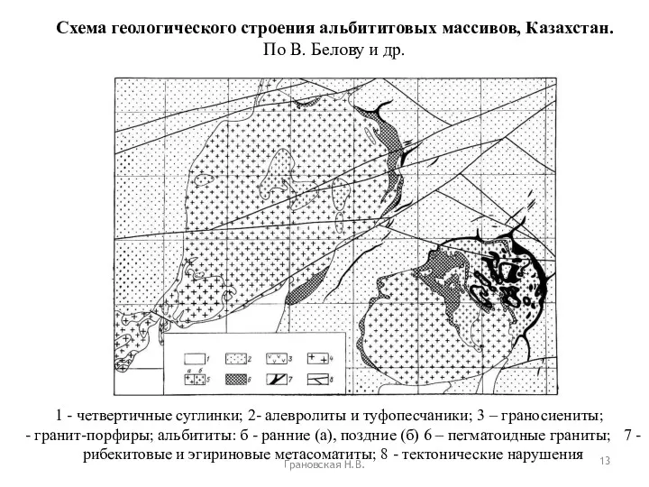 Грановская Н.В. Схема геологического строения альбититовых массивов, Казахстан. По В.