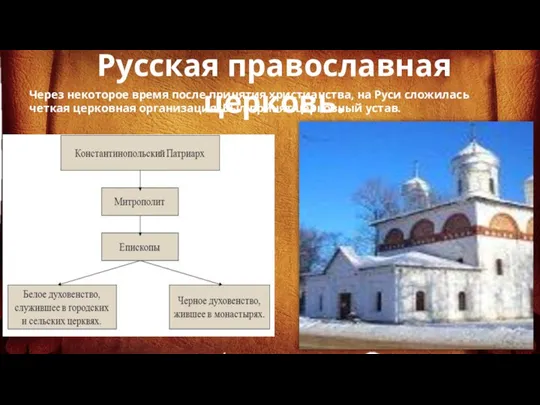 Через некоторое время после принятия христианства, на Руси сложилась четкая церковная организация. Был