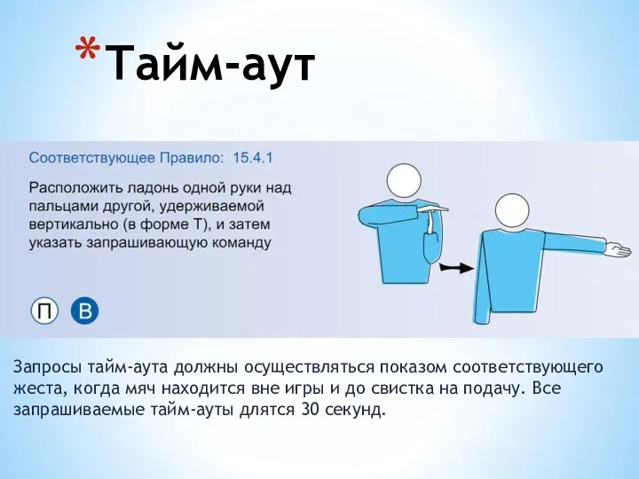 Запросы тайм-аута должны осуществляться показом соответствующего жеста, когда мяч находится вне игры и