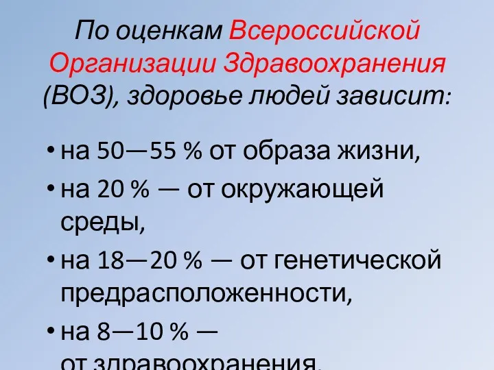 По оценкам Всероссийской Организации Здравоохранения (ВОЗ), здоровье людей зависит: на