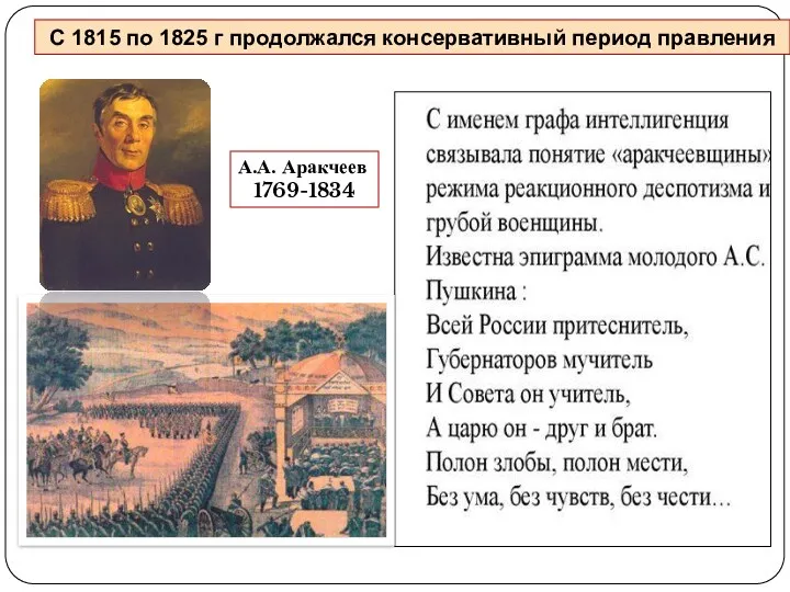 А.А. Аракчеев 1769-1834 С 1815 по 1825 г продолжался консервативный период правления