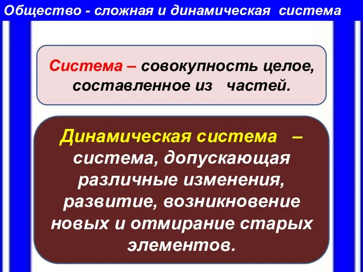 Общество - сложная и динамическая система Система – совокупность целое,