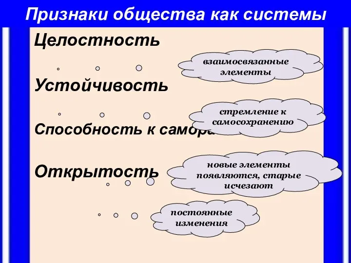 Признаки общества как системы Целостность Устойчивость Способность к саморазвитию Открытость