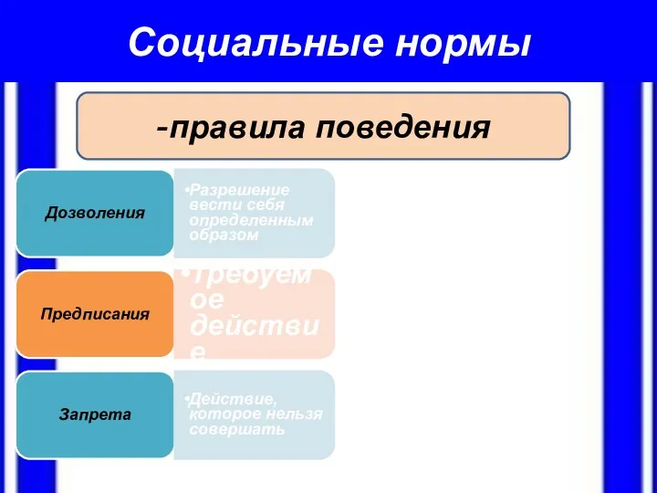 Социальные нормы Дозволения Разрешение вести себя определенным образом Предписания Требуемое