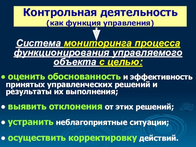 Контрольная деятельность (как функция управления) оценить обоснованность и эффективность принятых