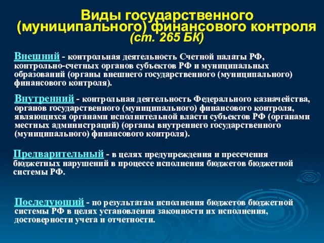 Виды государственного (муниципального) финансового контроля (ст. 265 БК) Внешний -