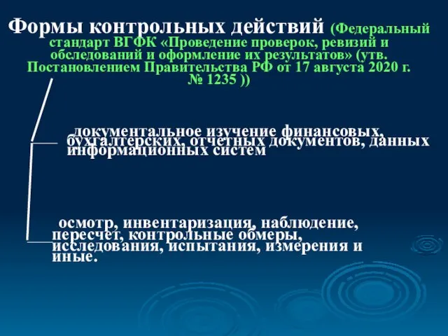 Формы контрольных действий (Федеральный стандарт ВГФК «Проведение проверок, ревизий и