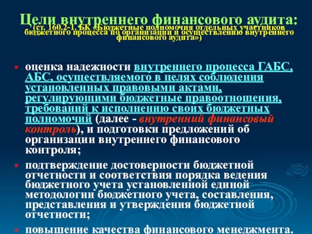 Цели внутреннего финансового аудита: (ст. 160.2-1. БК «Бюджетные полномочия отдельных