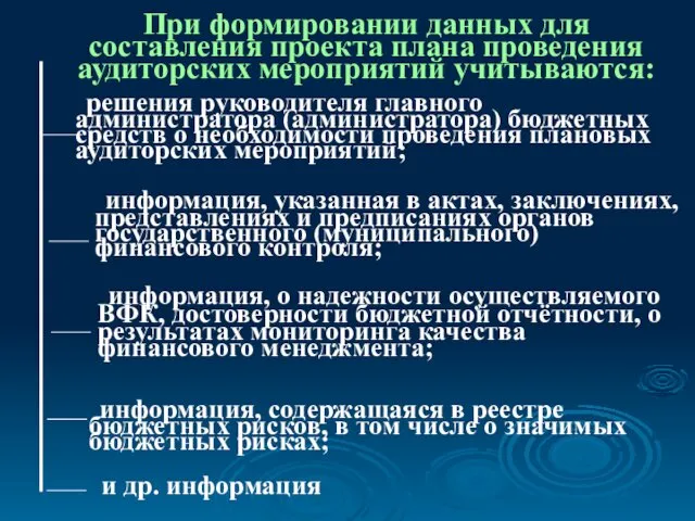 При формировании данных для составления проекта плана проведения аудиторских мероприятий