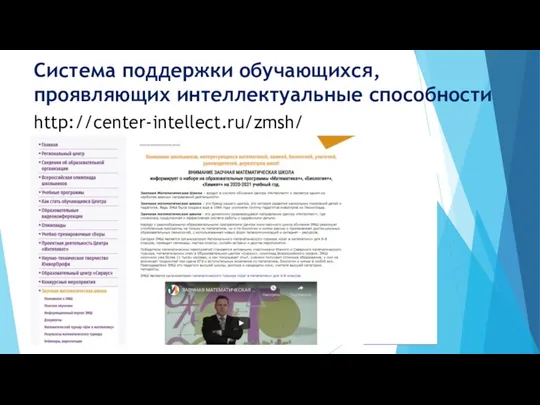 Система поддержки обучающихся, проявляющих интеллектуальные способности http://center-intellect.ru/zmsh/