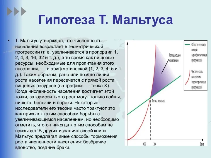 Гипотеза Т. Мальтуса Т. Мальтус утверждал, что численность населения возрастает