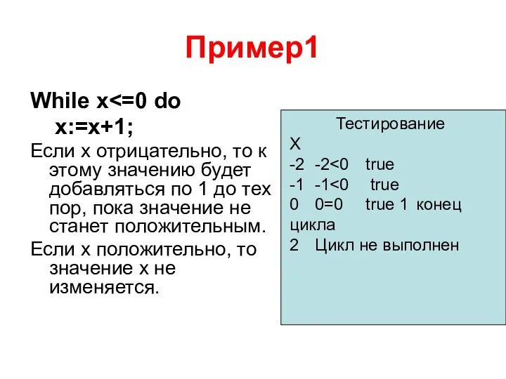 Пример1 While x x:=x+1; Если x отрицательно, то к этому